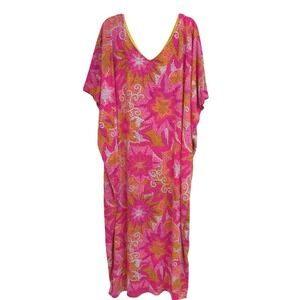 Vintage Elisabeth Stewart Pink Floral Kaftan Maxi Dress V-Neck Kimono Sleeve SM